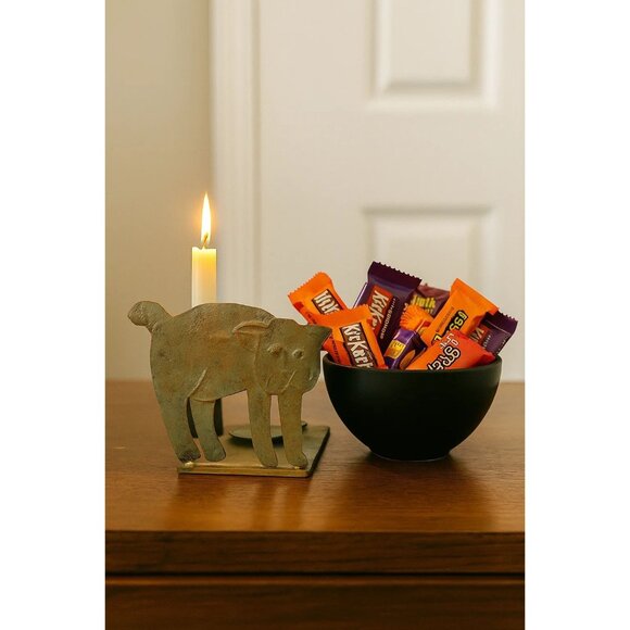 Cat Shaped Copper Brass Candle Holder Patina Taper Candles - Picture 1 of 8